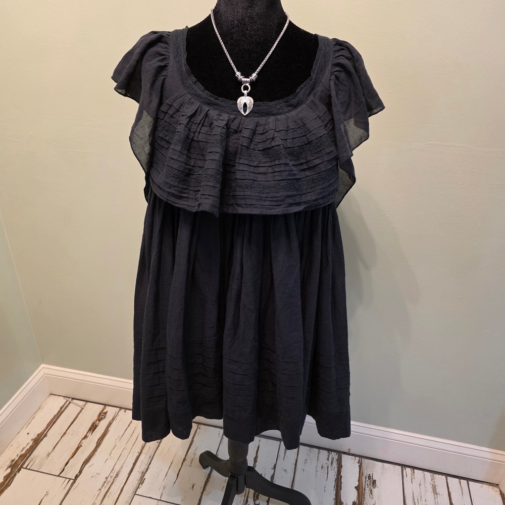 Free People Black Babydoll Mini Dress Open Back Ruffle Flutter Sleeve Boho H804